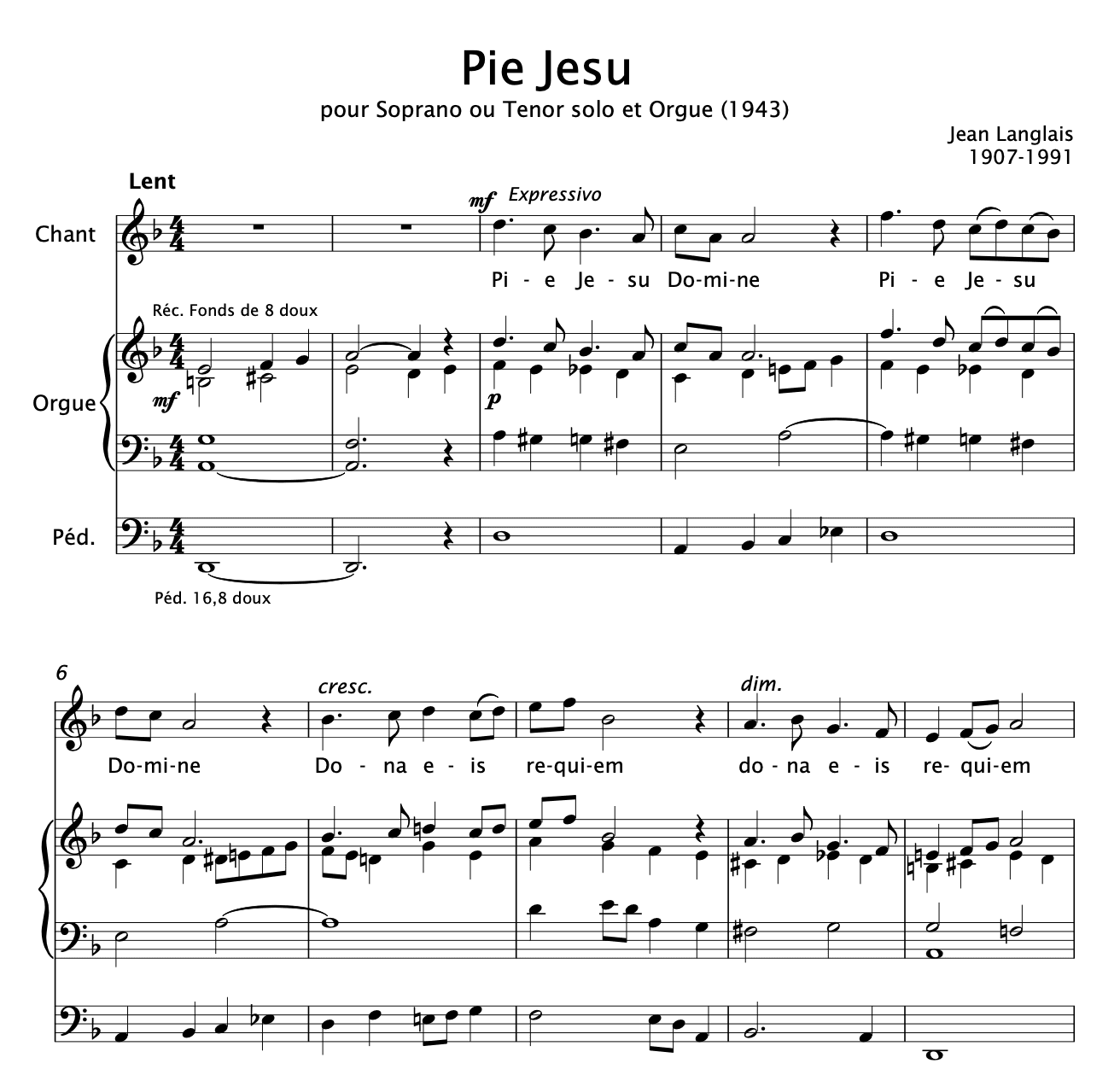 "Pie Jesu" for Soprano or Tenor and Organ