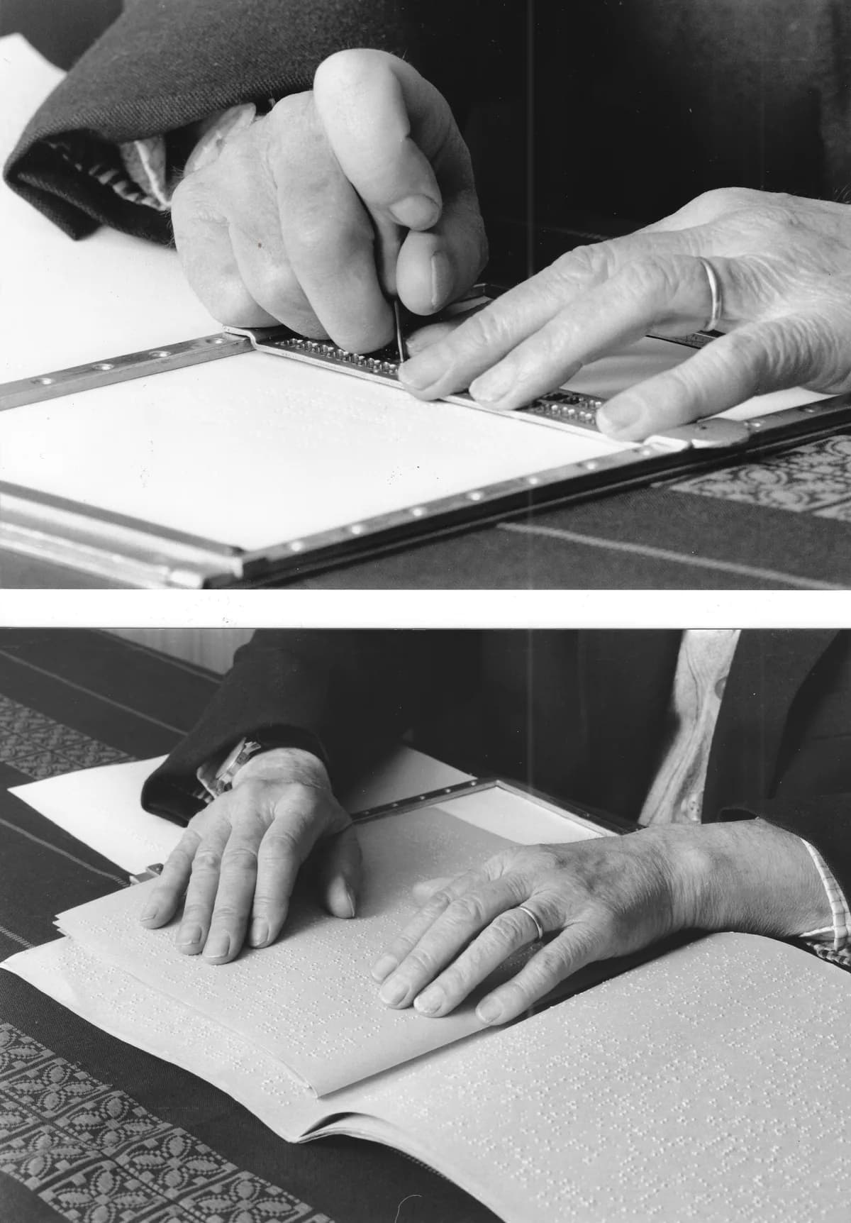 Jean Langlais writing and reading a score with the Braille system